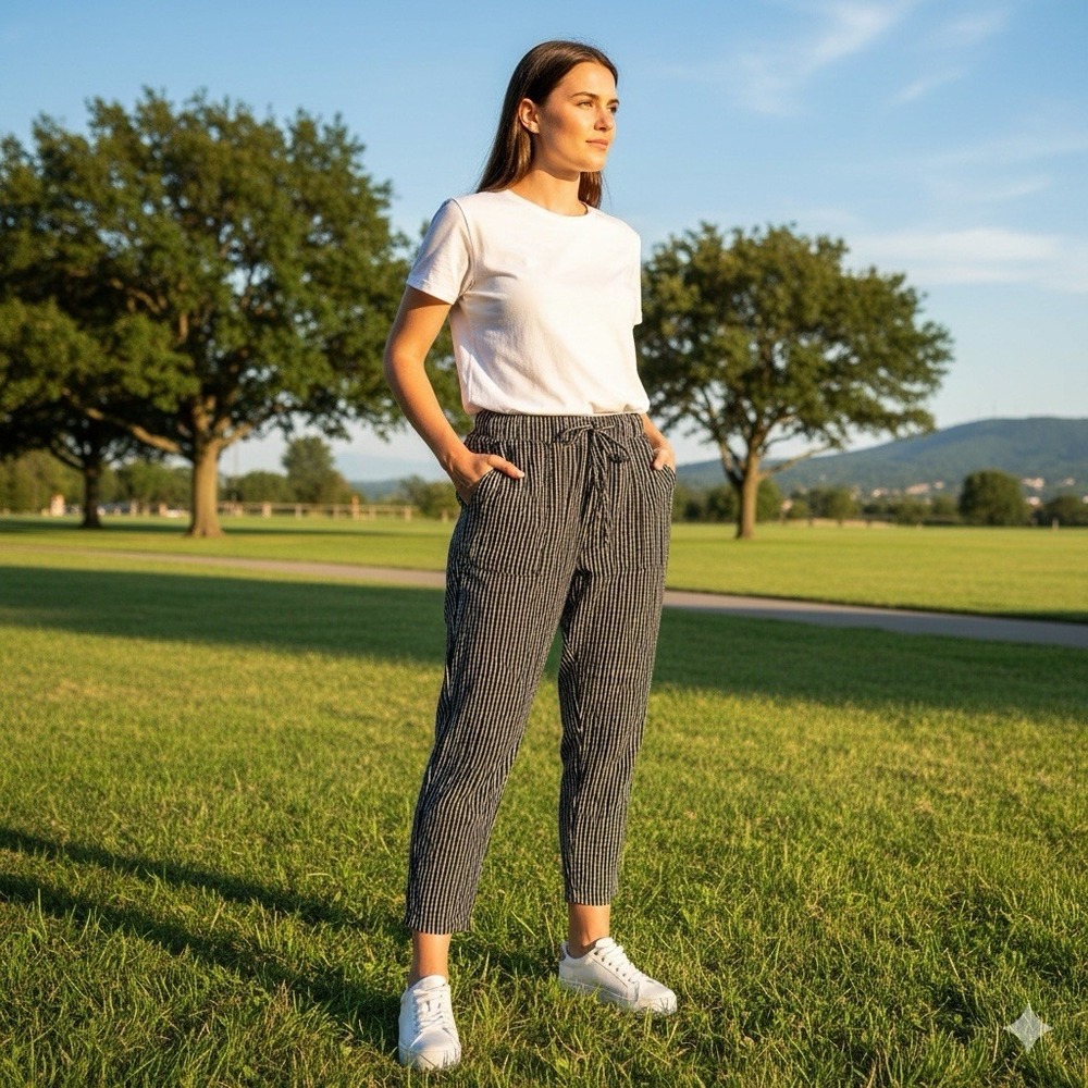 Old Navy Womens Size Large Textured Stripe Utility Ankle Pants Black White Boho